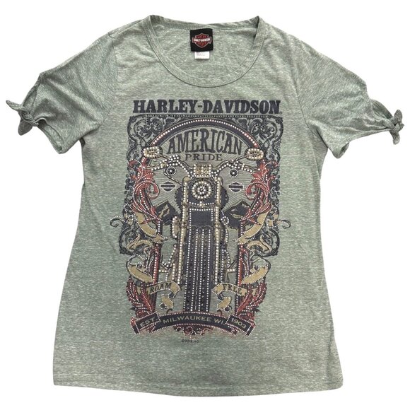 Harley-Davidson Top‎ Womens M Green Studded American Pride Milwaukee Tie Sleeves - Picture 1 of 8